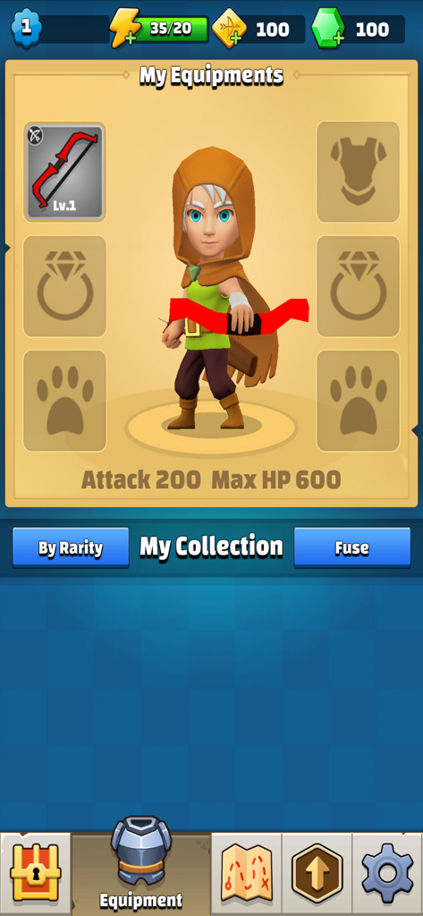 Archer Hunter - Adventure Game - A character inventory screen in Archer Hunter showing an archer with equipped gear and stats.