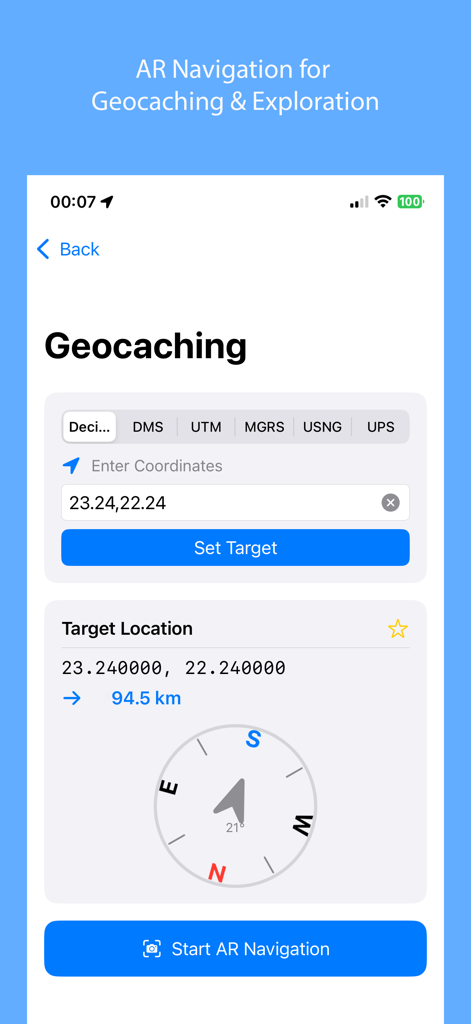 Global Locator - Global Locator geocaching screen with coordinate input and target compass.