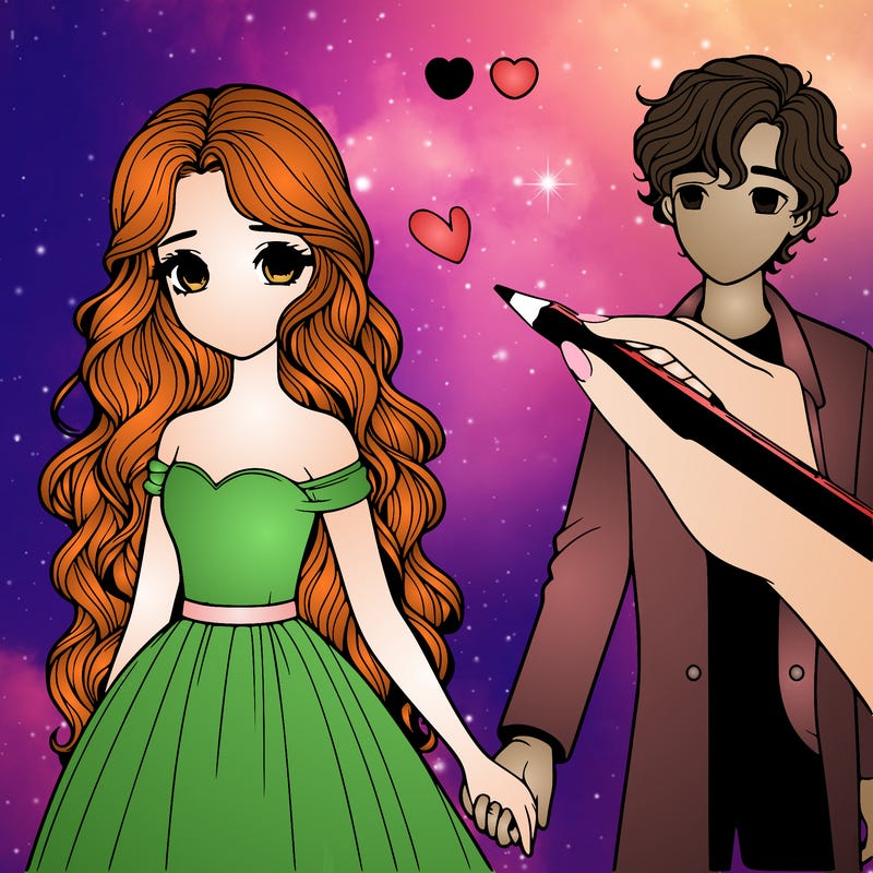 create a realistic girl’ with fine features, long hair, holding hands with a man with short curly hair