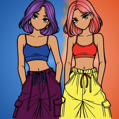 two girls with crop top with baggy pants