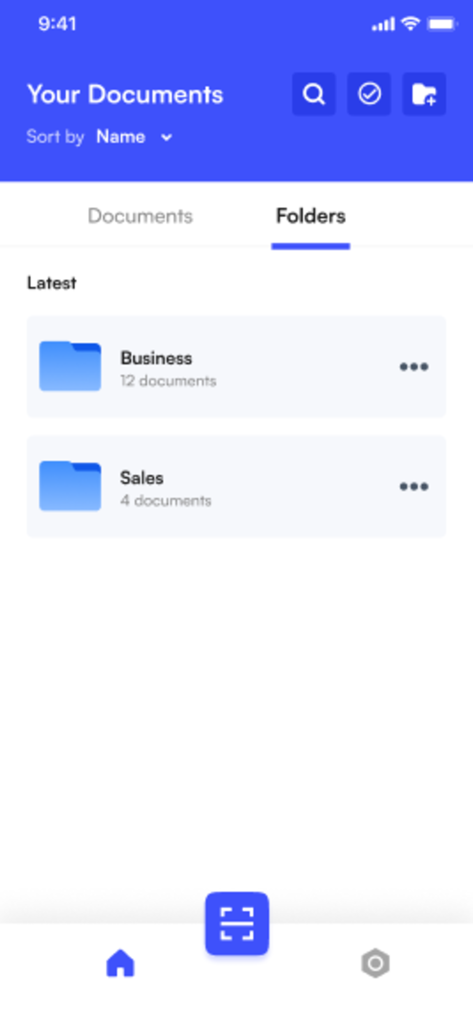 Scan UP – Secure Scanner - Scan UP app interface showing organized document folders for business and sales