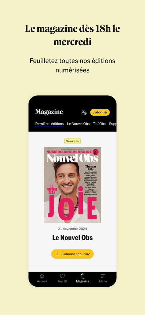 Interface de l'application Le Nouvel Obs affichant l'édition hebdomadaire du magazine numérique.
