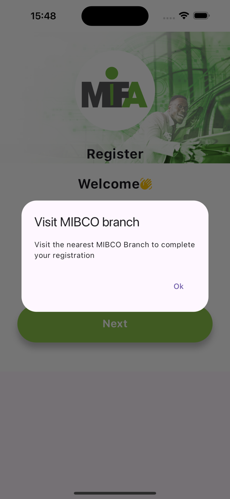 MIFA - MIFA app registration popup notice to visit MIBCO branch
