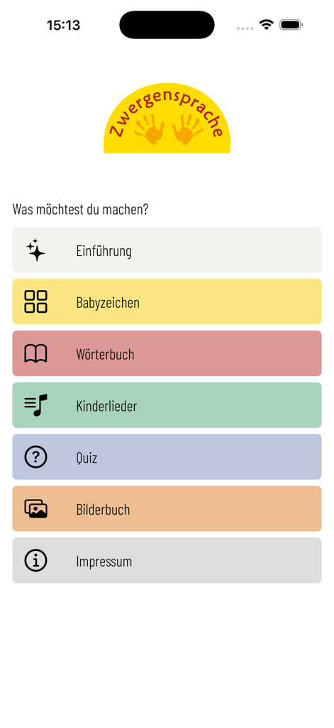 Babyzeichen Zwergensprache - Main menu screen of the Zwergensprache baby sign language app with options for signs, dictionary, songs, and quiz