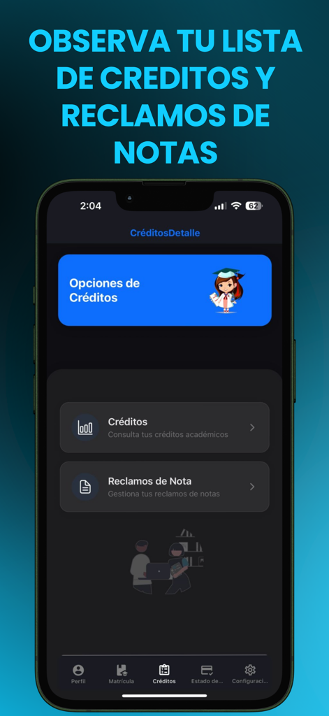 Captura de pantalla de la interfaz de la aplicación Rincon Movil que muestra opciones de créditos académicos y reclamos de calificaciones