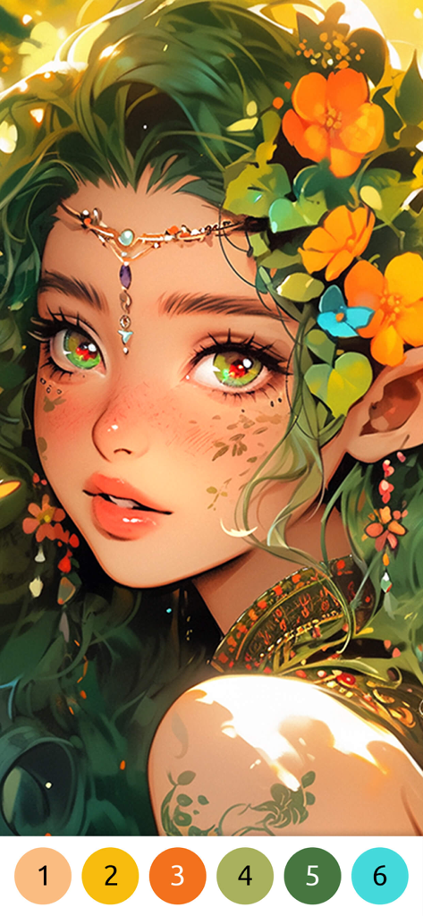Un retrato detallado de una chica anime con cabello verde y flores en una interfaz de aplicación móvil de pintar por números
