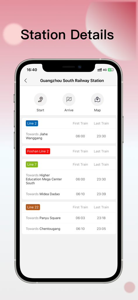 Guangzhou Metro Map app interface showing first and last train schedules for Guangzhou South Railway Station