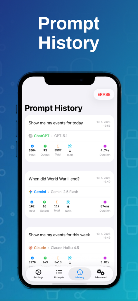 Prompt Watch - Prompt Watch app history screen showing logs of AI queries with model details and token usage statistics