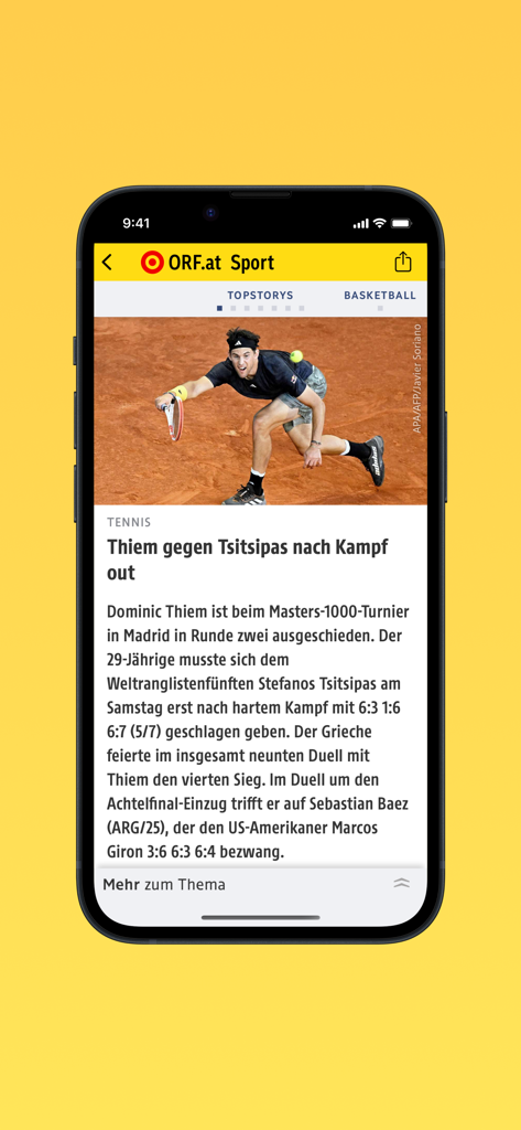 ORF.at Sport - Uno smartphone che mostra l'app ORF.at Sport con un articolo di notizie su una partita di tennis con Dominic Thiem.