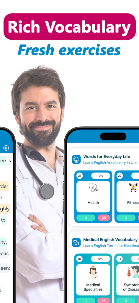 Medical English for Doctors - Interfaz de smartphone mostrando categorías de vocabulario de inglés médico y un doctor al fondo