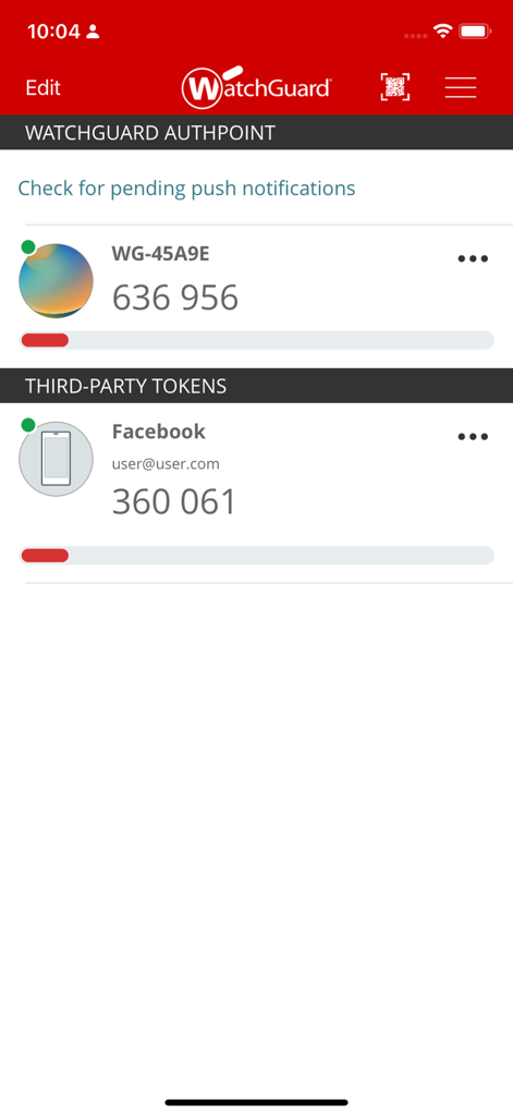 WatchGuard AuthPoint app interface displaying multi-factor authentication codes for corporate and third-party accounts