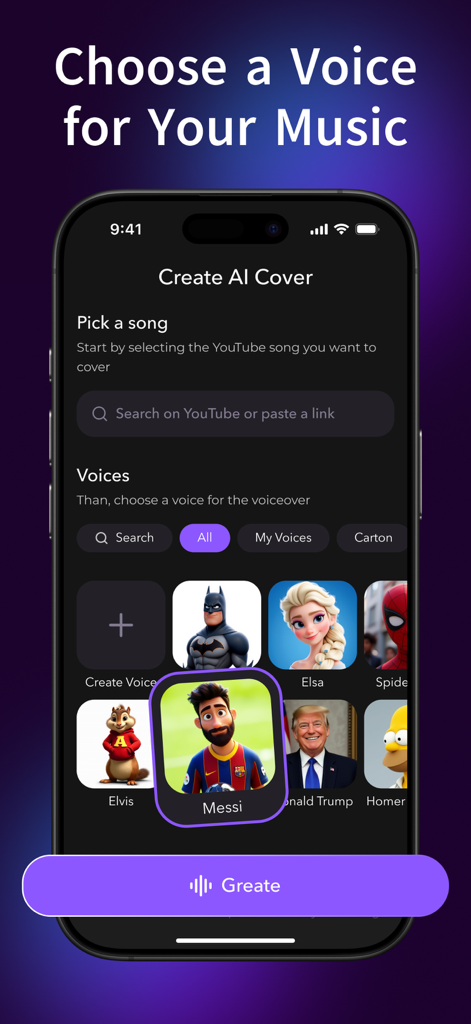 AI RAP - song generator - Interface do aplicativo móvel para escolher vozes de IA para capas de música com ícones de celebridades e personagens