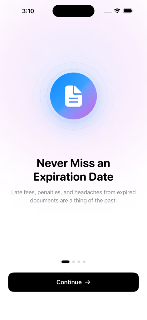 Expiro App - Expiro 앱 환영 화면, 문서 아이콘 및 '만료일을 놓치지 마세요' 헤드라인 포함