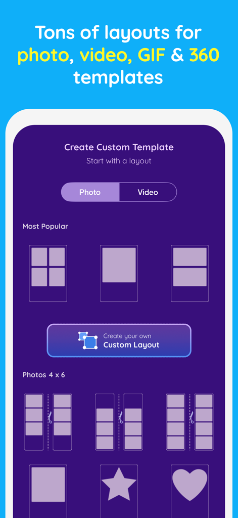 Interface of Mini Photobooth app showing various customizable photo and video layout templates.