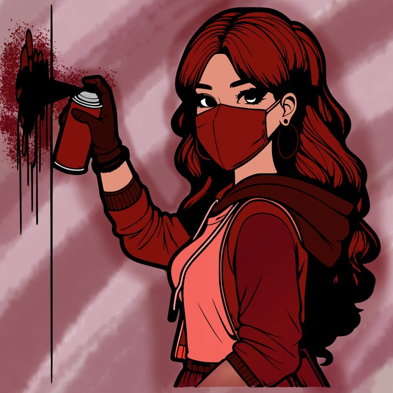 realistic girl with mask spray painting a wall