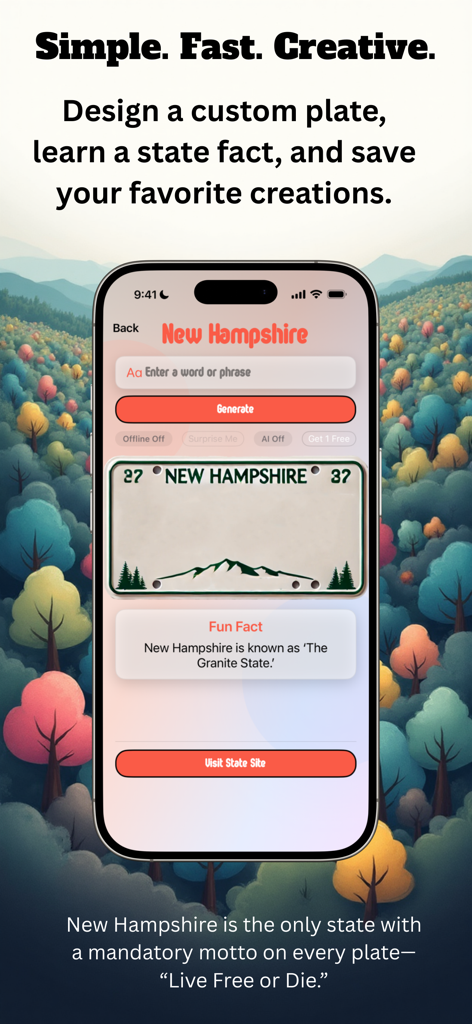 Plate Picasso! - La interfaz de la aplicación Plate Picasso que muestra un generador de matrículas personalizadas de Nuevo Hampshire con un dato curioso del estado.