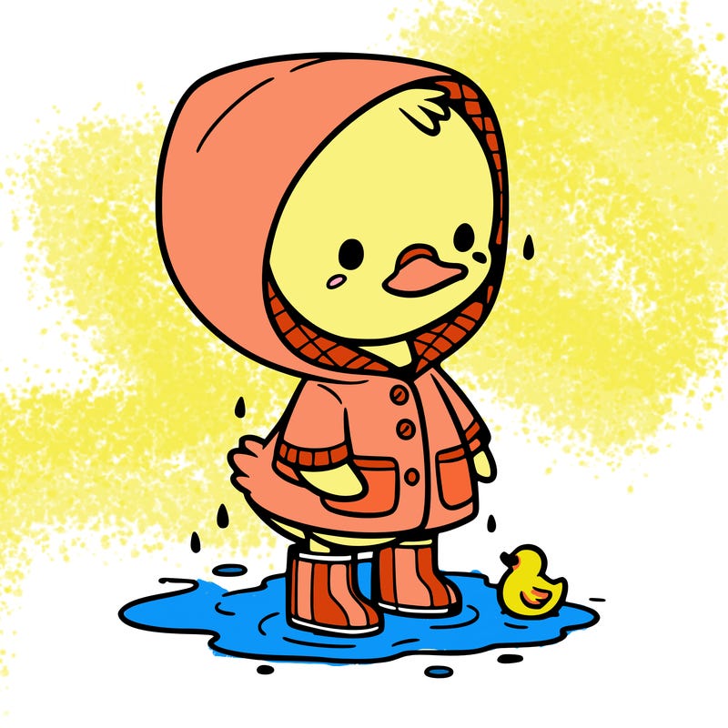 baby duck in a rain coat and boots, in a puddle while it’s raining