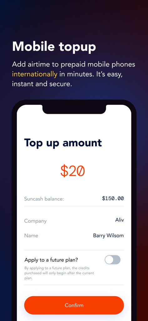 SunCash Bahamas - SunCash Bahamas mobile app interface for international airtime top up showing a twenty dollar transaction for Aliv carrier