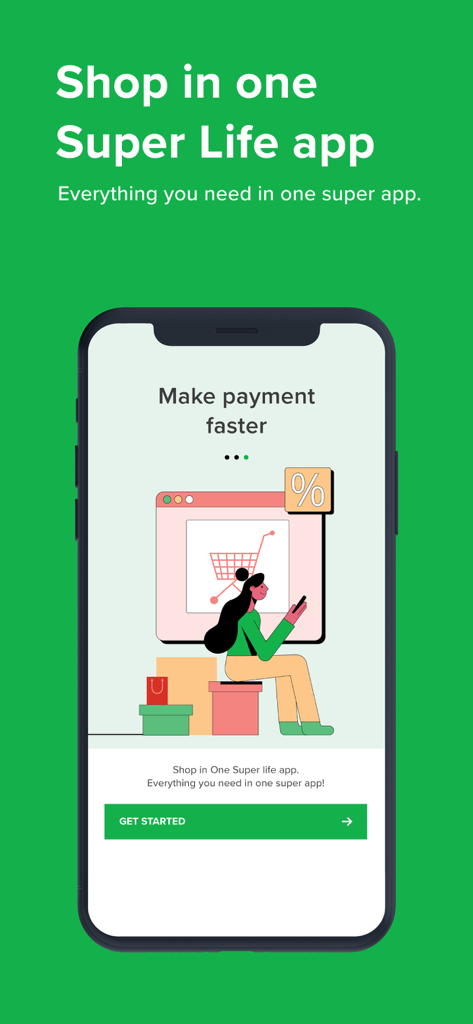 tap: Trust And Pay - Onboarding screen for the tap Trust and Pay app promoting a super app for shopping and fast payments