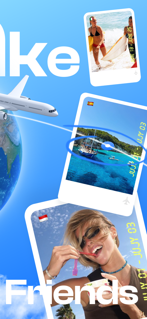TripBFF - Solo Travel Friends - Ein lebendiges Marketingbild für die TripBFF-App mit Reise-Polaroids und einem Flugzeug, das um die Welt kreist, mit dem Text Finde Freunde.