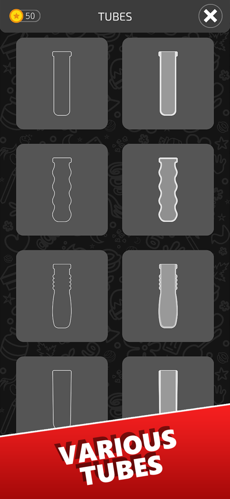 Ball Sort Master - Tela de personalização no Ball Sort Master mostrando várias formas e estilos de tubos