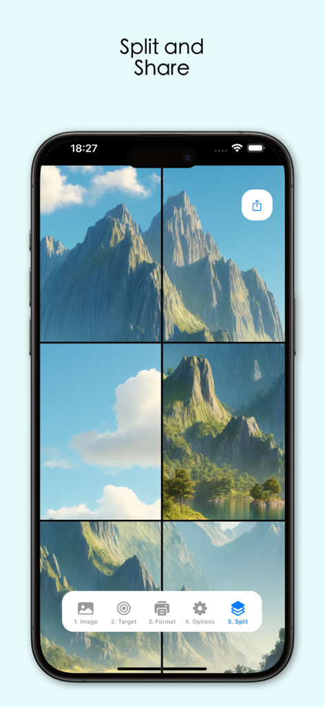 Split Lab - Aplicativo Split Lab mostrando uma foto de paisagem de montanha dividida em uma grade de seis partes para impressão em grande escala