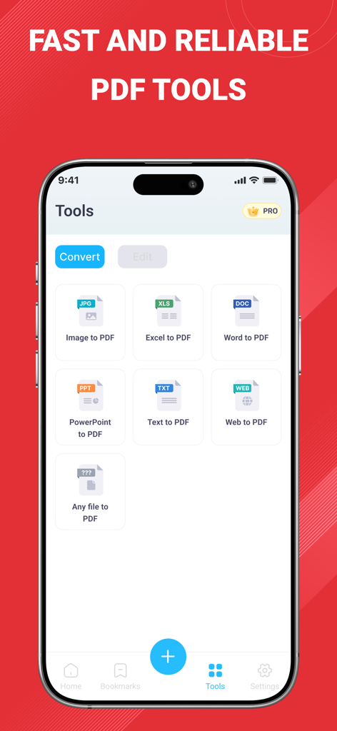PDF Reader Pro app screen showing conversion tools for image word and excel to PDF