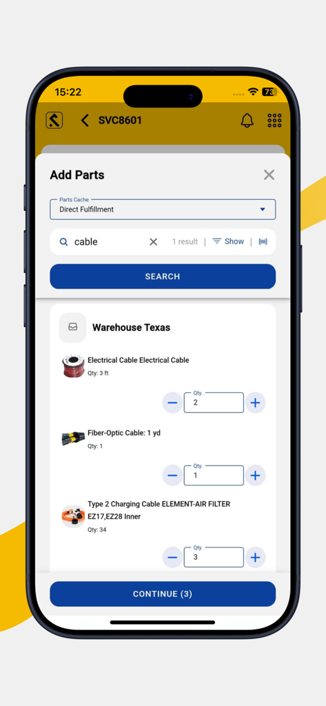 Shepherd CMMS app interface for adding electrical and fiber optic cables from a Texas warehouse to a work order.