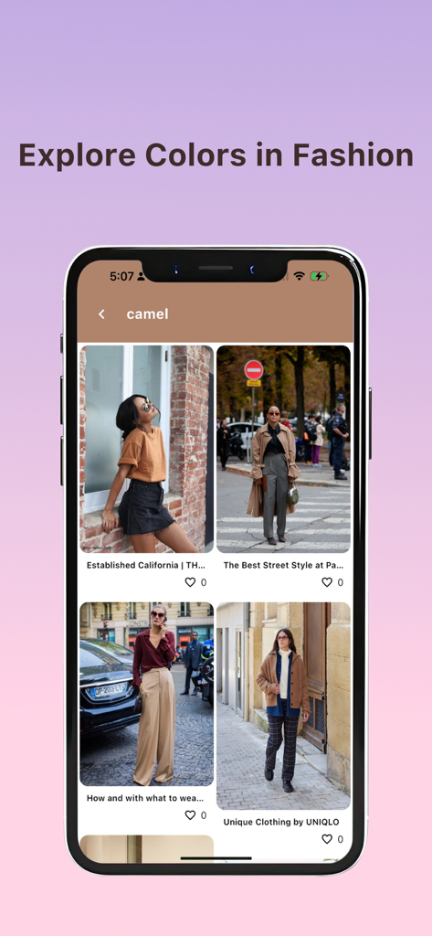 My Color Palette mobile app screen showing street style fashion inspiration for camel colored outfits