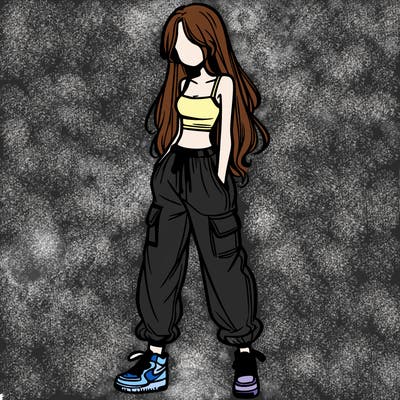 girl in baggy pants crop top and long hair