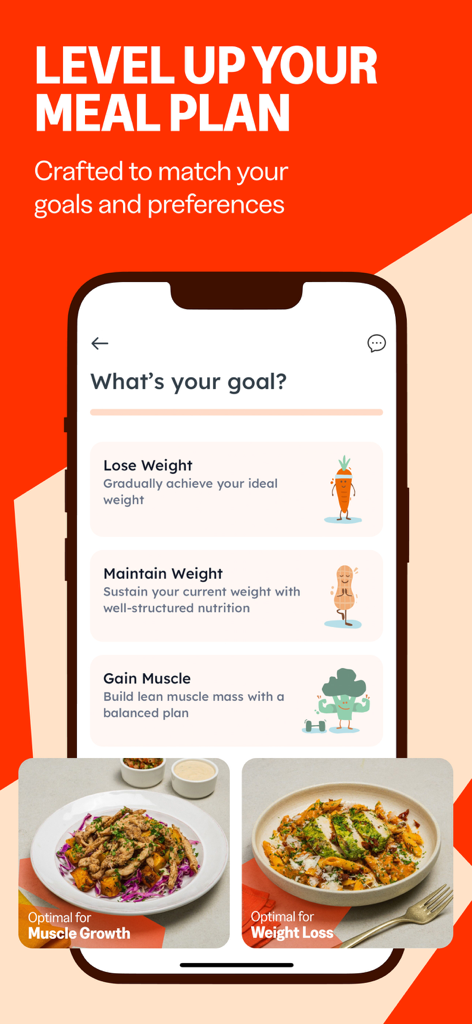 Right Bite - Right Bite App-Bildschirm zeigt die Auswahl von Zielen für Gewichtsverlusterhaltung oder Muskelaufbau mit gesunden Mahlzeitenbeispielen