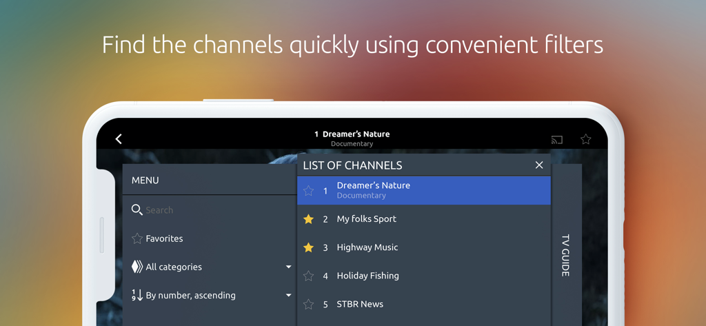 StalkerTV mobile app interface showing the channel list and category filter menu