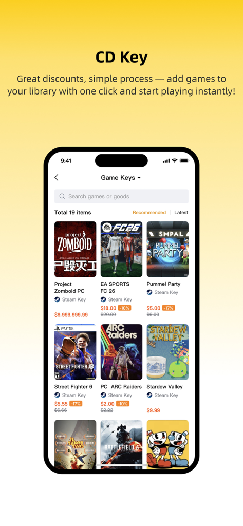 LootBar - LootBar mobile app interface showing a selection of discounted video game CD keys