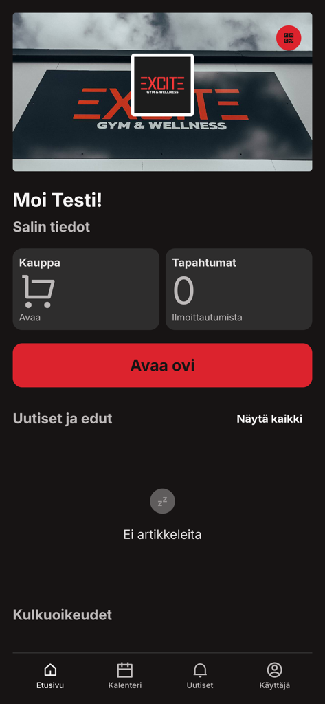 Excite - Exciteジムアプリのダッシュボード。会員機能とデジタルドアキーが表示されます。