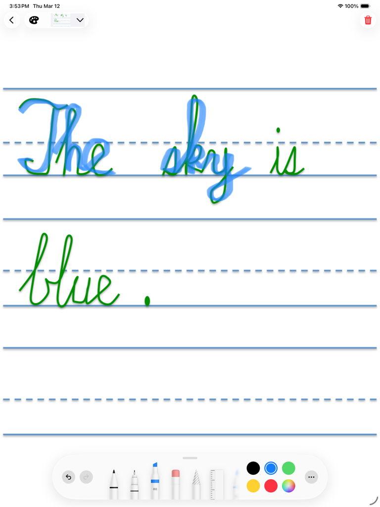 doodle write - Cursive handwriting practice of the sentence The sky is blue on an iPad using the doodle write app.