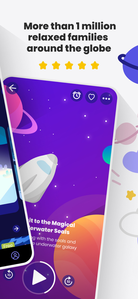 Aumio: Sleep Sounds & Stories - Aumio app interface displaying a five star rating and cosmic space theme with children sleep stories