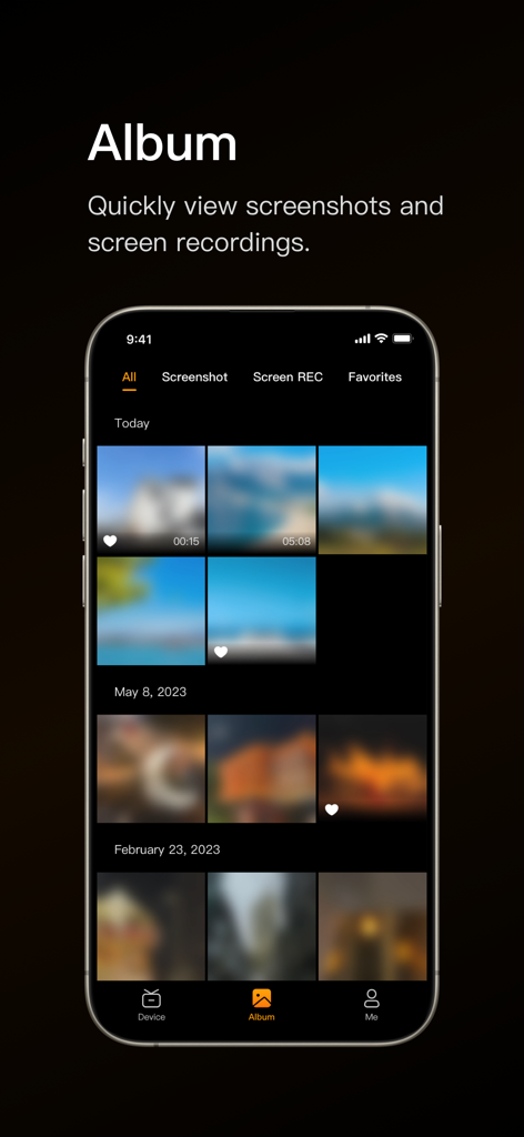 HollyView - A screenshot of the HollyView app's album interface showing a grid of video recordings and screenshots organized by date.