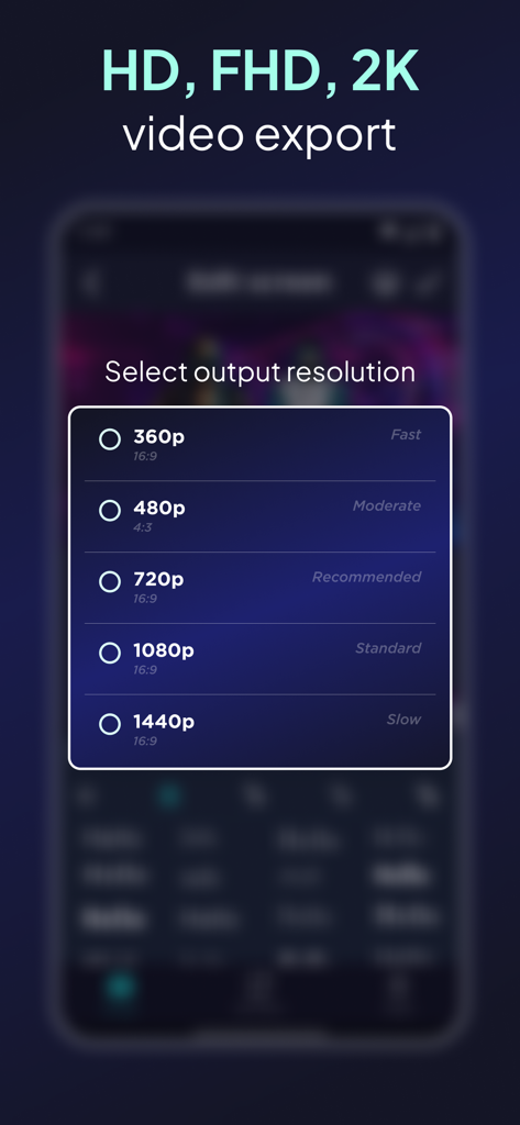 Schermata dell'app mobile che mostra le opzioni di risoluzione di esportazione video, tra cui HD 1080p e 2K 1440p