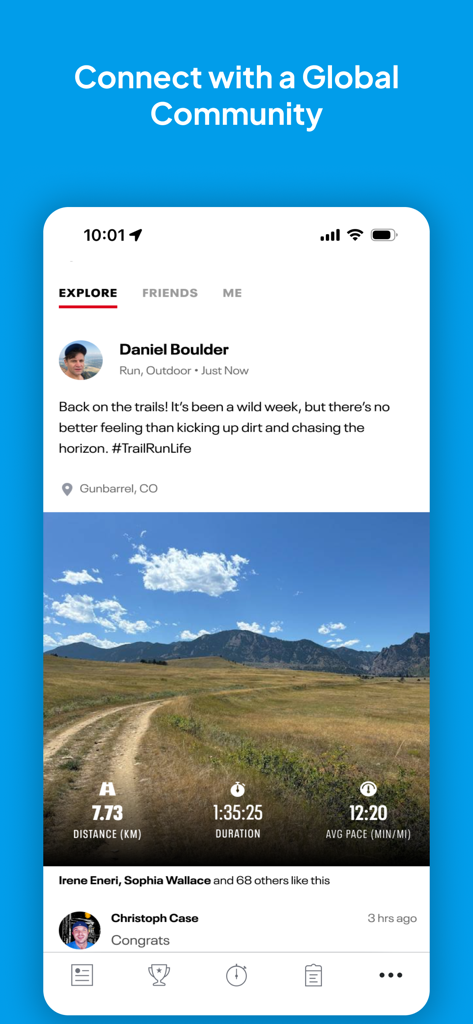 A social feed view in the Map My Run app displaying a user's trail run post with performance statistics and community comments.