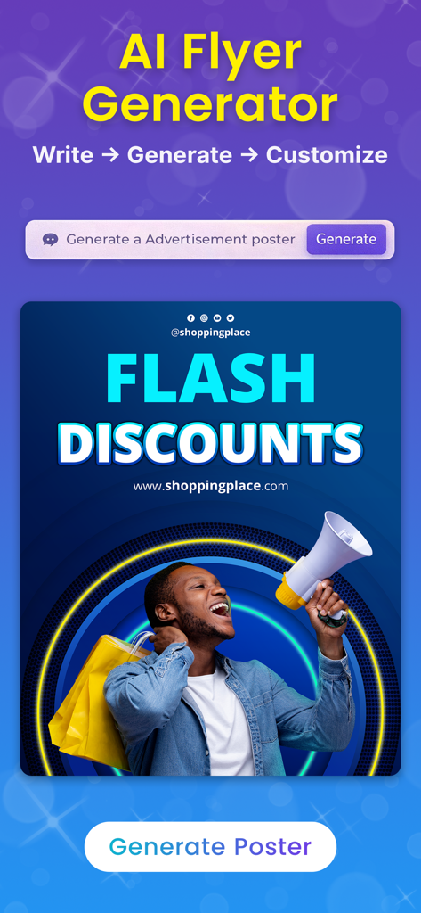 Interface montrant le générateur de flyers IA produisant une affiche de réduction flash