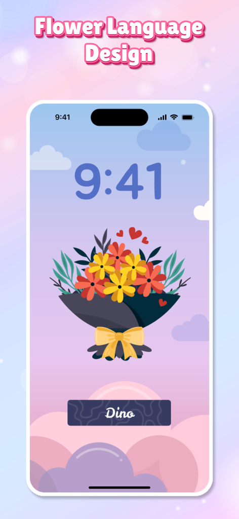 Flower Language Keyboard Theme - Smartphone lock screen featuring a colorful floral bouquet design and the name Dino