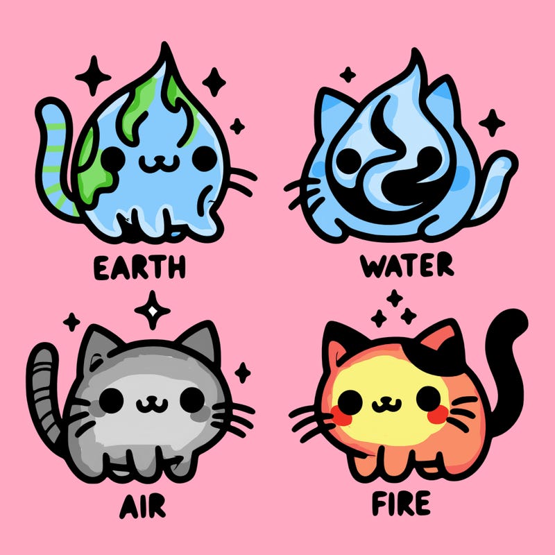 4 cats that represent the different elements, earth, water, air, and fire