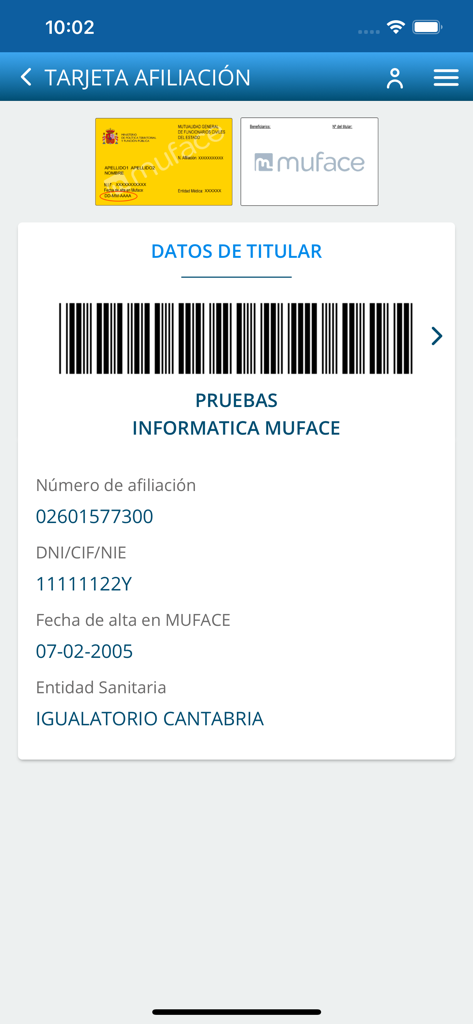 Muface Móvil - Digital affiliation card interface in the Muface Movil app