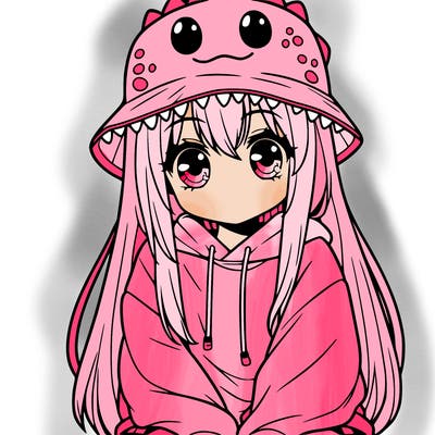 girl with anime shaped eyes with a dinosaur bucket hat oversized sweatshirt long straight hair