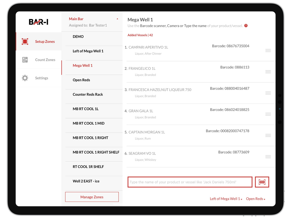 Bar-i App-Oberfläche zur Einrichtung von Bar-Inventurzonen und Spirituosen-Barcodes