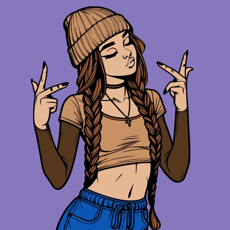 realistic teenage girl with braids and a beanie and crop top doing 🫶🏼