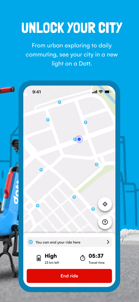 Smartphone displaying the Dott app interface with a city map and ride details during an active session.