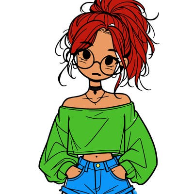 girl with a messy ponytail glasses a baggy crop top and jean shorts