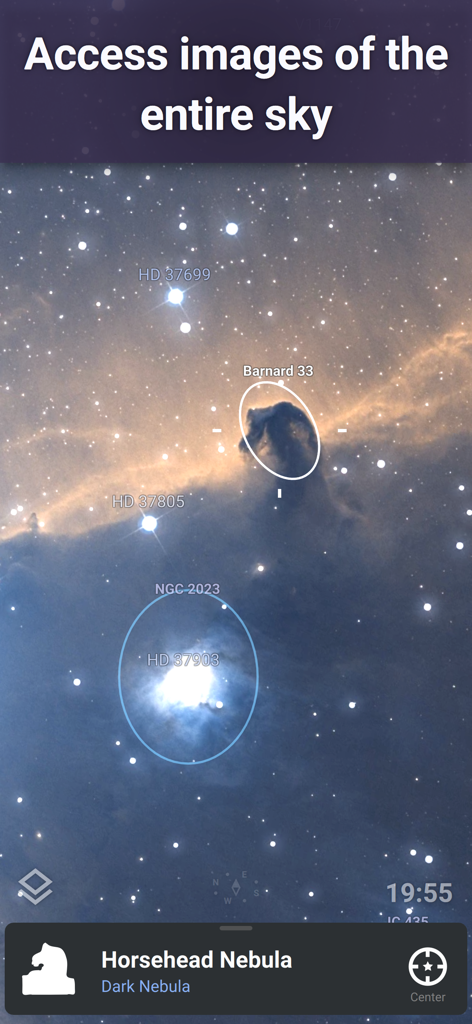 Stellarium Mobile - Star Map - Interfaccia dell'app Stellarium Mobile che mostra un'immagine dettagliata della Nebulosa Testa di Cavallo e oggetti del cielo profondo.