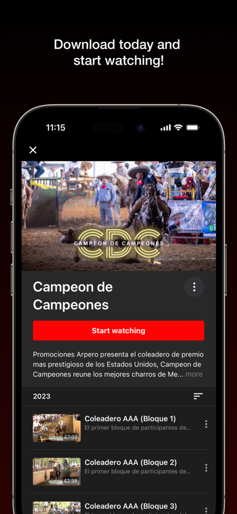Pantalla de la app ArrieroTV mostrando una biblioteca de videos de eventos de coleadero ecuestre con un botón para comenzar a ver.